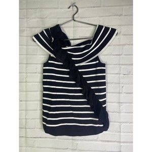 Scripted Black and White Asymmetrical Ruffle Horizontal Stripe Shirt Top Size M